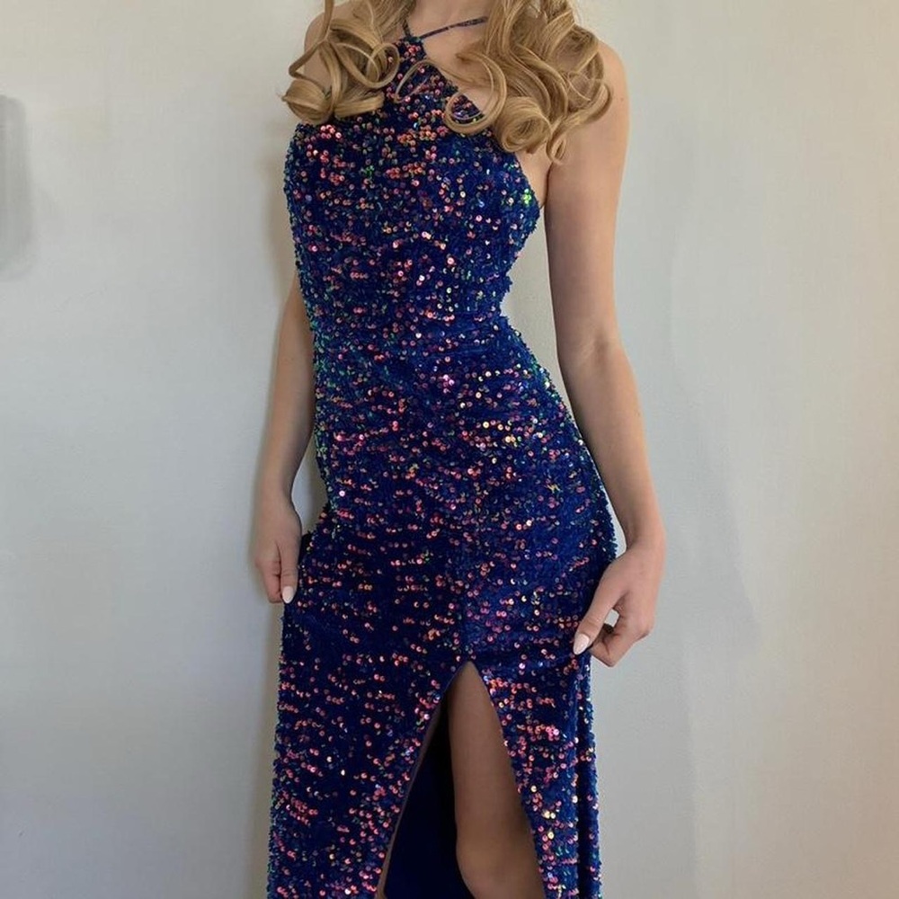 Next Up Sequin Halter Neck Maxi Prom Dress w/ Leg Slit